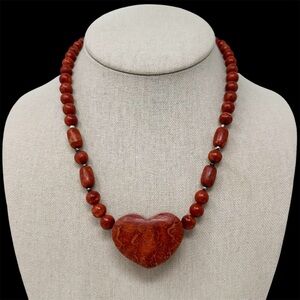 Red Sponge Coral Chunky Heart Beaded 925 Sterling Silver Necklace